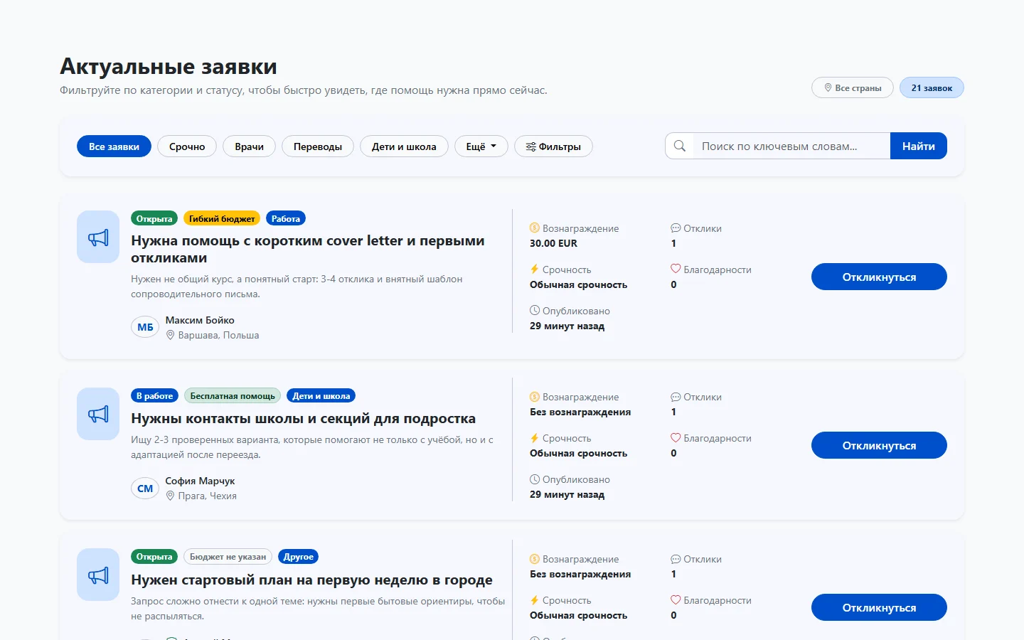 Каталог актуальных заявок о помощи в MyRazom
